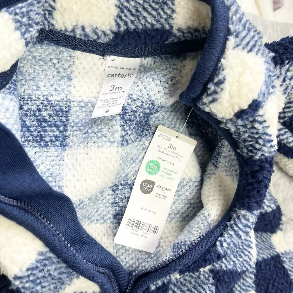 Carters‎ Zip-Up 1 Piece Warm Long Sleeve Easy Care Jumpsuit Blue Plaid 3 Months